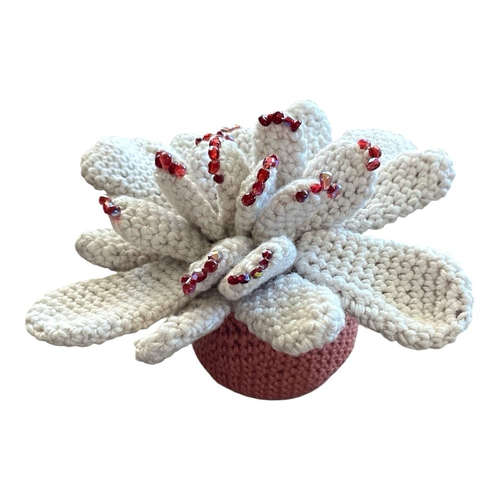 Handmade Succulent with Red Beads Crochet Blooming Cactus Cream Office Decor
